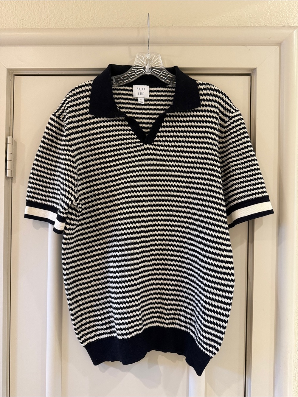 Reiss Black and White Striped Knit Polo Shirt